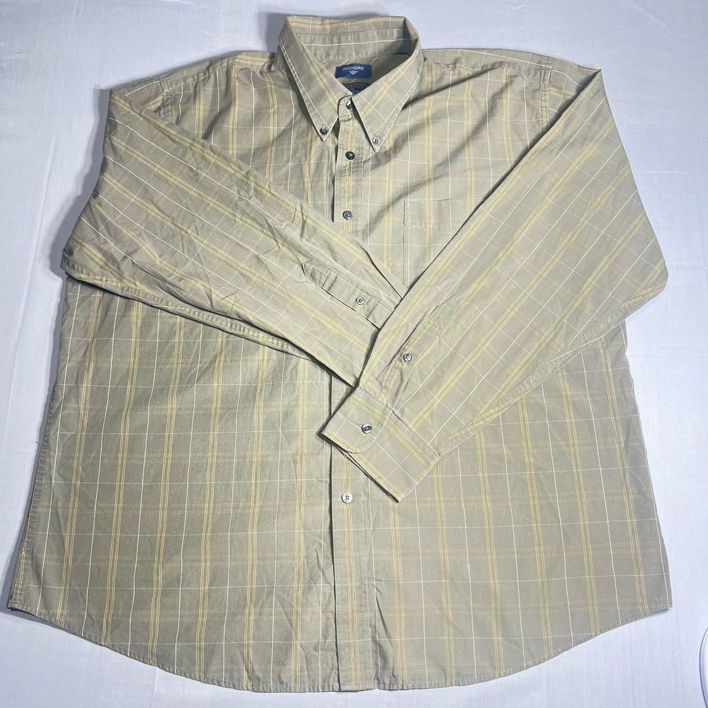 Dockers Button Down Shirt Plaid Stain Defender Olive Green Mens XXL